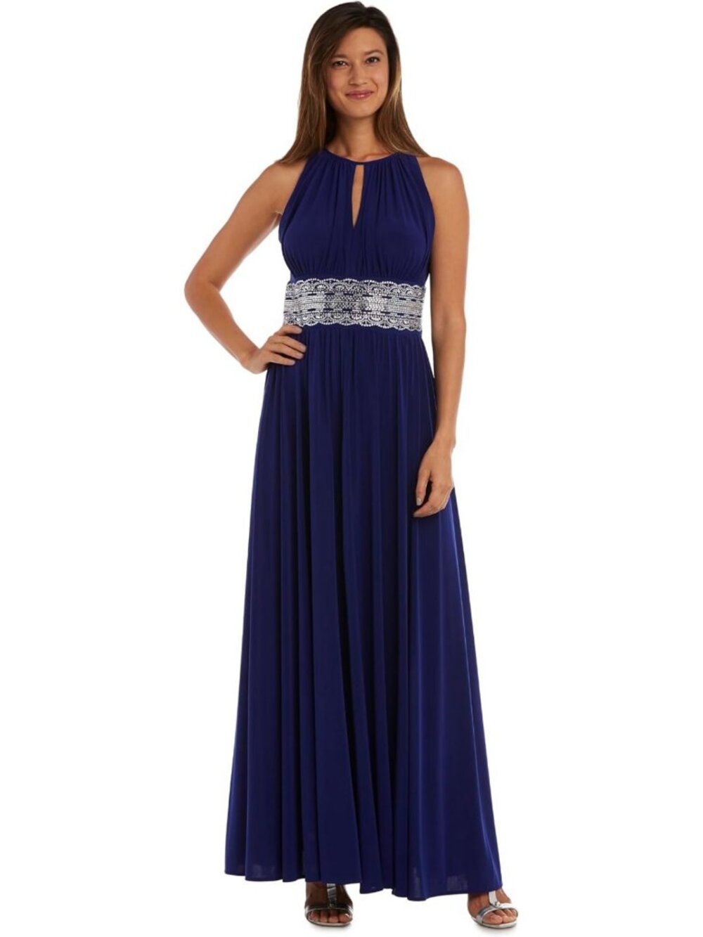 Elegant Beaded Waist Maxi Dress with Slit | Halter Cutaway for Weddings